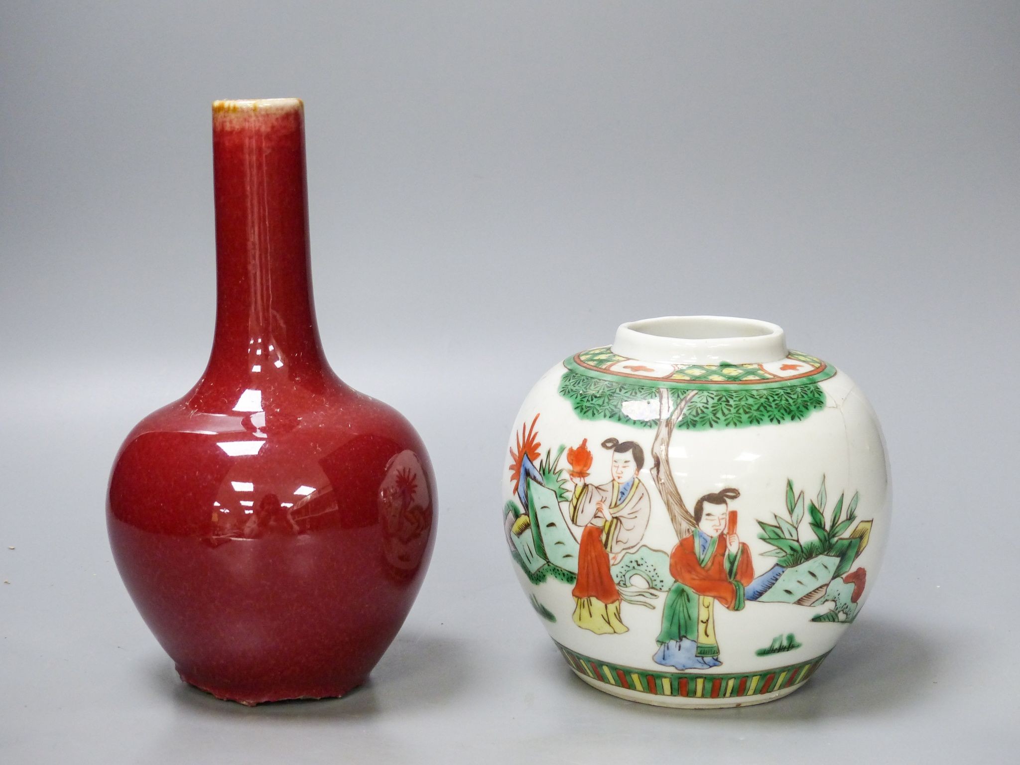 A Chinese famille verte jar and a sang de boeuf vase